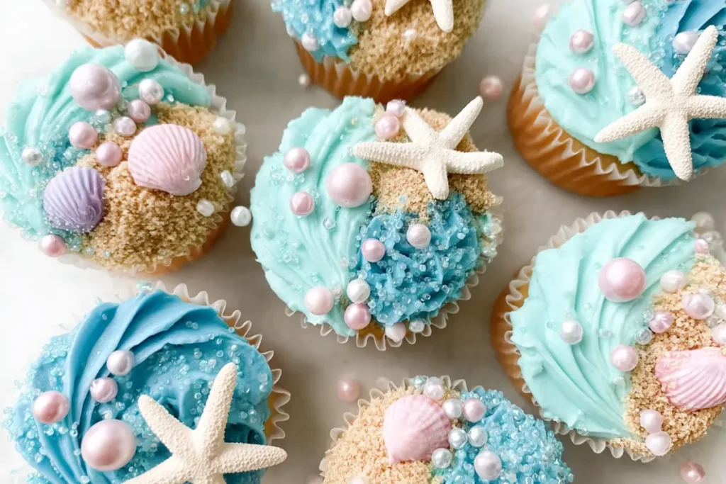 Beach cupcakes with varied shell decorations and frosting designs on a white table