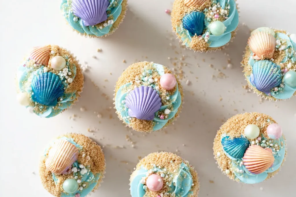 Wide view of beach cupcakes with blue ocean frosting and candy shell toppings