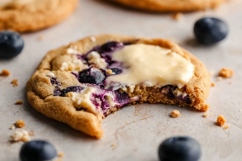 Bitten blueberry cheesecake cookie showing soft center and creamy filling