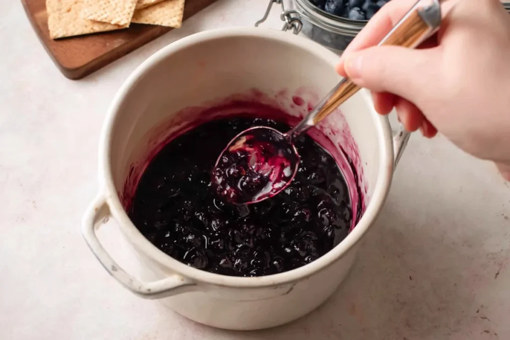 Blueberry cheesecake cookies blueberry sauce simmering in a saucepan