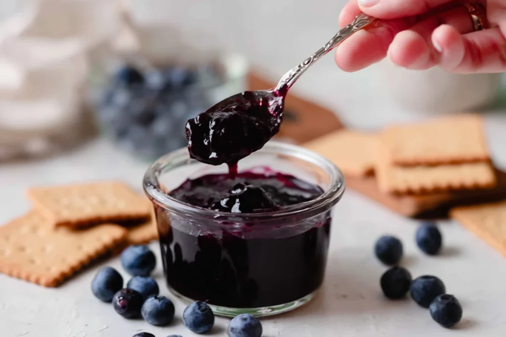 Thick blueberry sauce for blueberry cheesecake cookies in a glass bowl