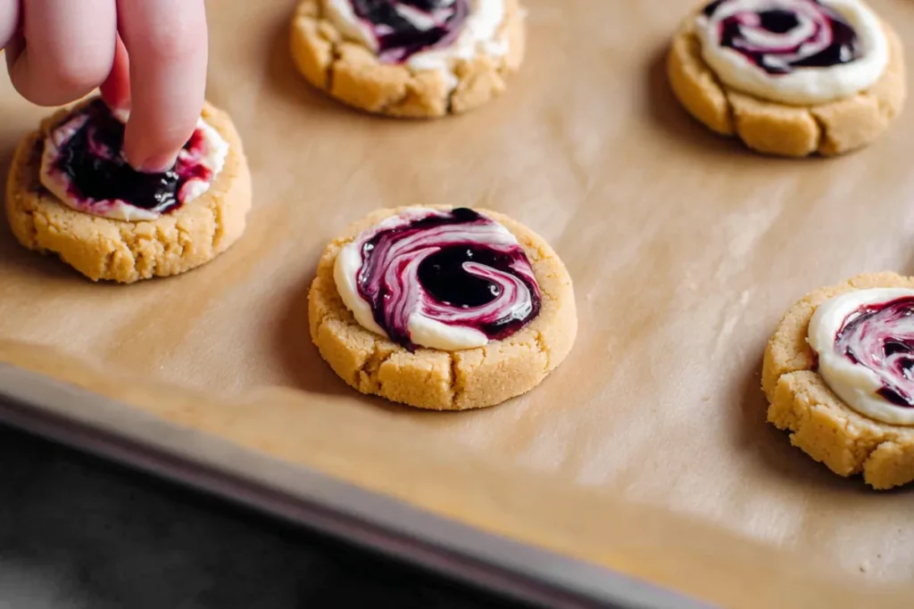 Blueberry sauce swirled into blueberry cheesecake cookies before baking