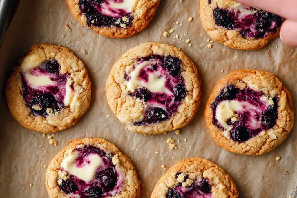Freshly baked blueberry cheesecake cookies cooling on a tray with graham cracker topping