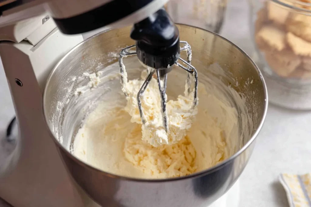 Cream cheese filling beaten smooth for blueberry cheesecake cookies