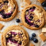 Chef Taha Ayad's Recipe Blueberry Cheesecake Cookies with swirled cheesecake filling and blueberry topping