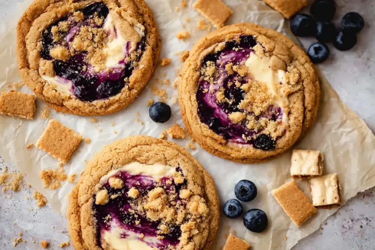 Chef Taha Ayad's Recipe Blueberry Cheesecake Cookies with swirled cheesecake filling and blueberry topping
