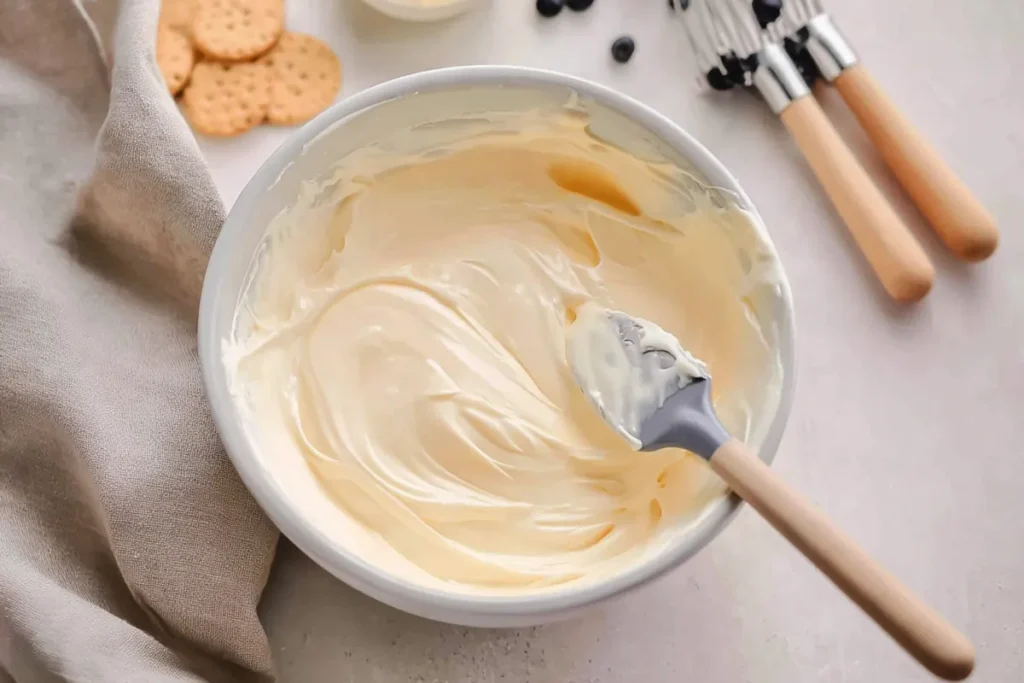 Finished cheesecake filling for blueberry cheesecake cookies in a mixing bowl