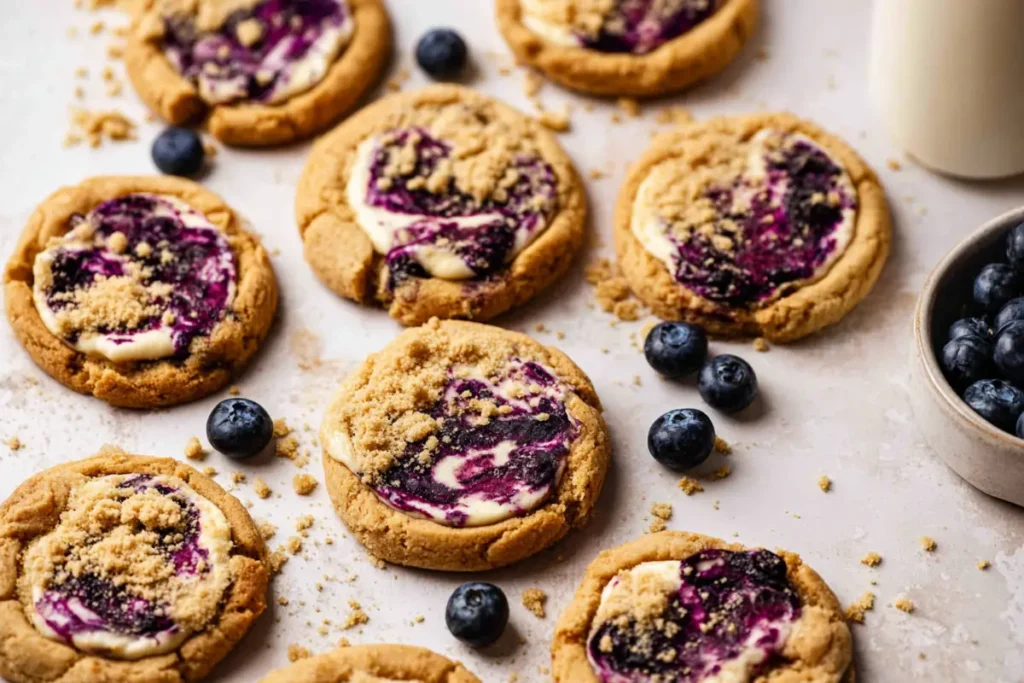 Several blueberry cheesecake cookies with blueberry swirl and graham topping on a countertop