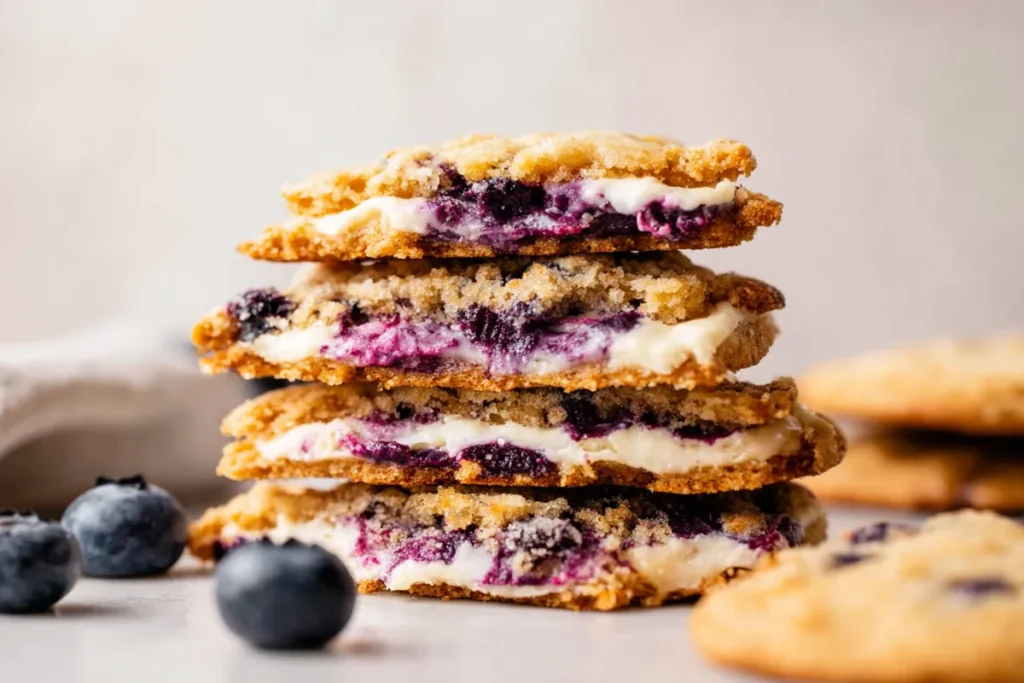 Stacked blueberry cheesecake cookies showing soft centers and blueberry swirl
