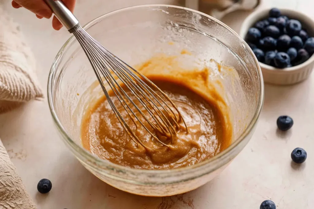 Brown sugar granulated sugar and egg whisked for blueberry cheesecake cookies dough