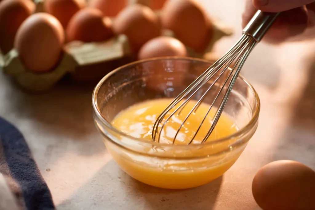 Whisked egg prepared for blueberry cheesecake cookies cream cheese filling