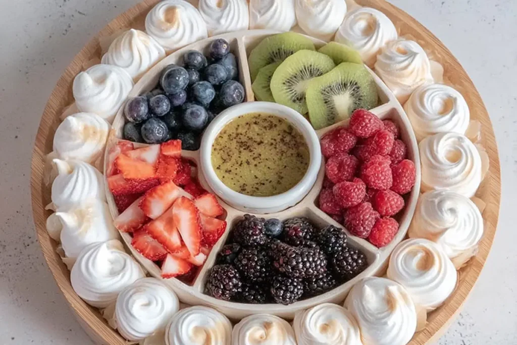 DIY Pavlova Grazing Platter with berries whipped cream and individual pavlova nests