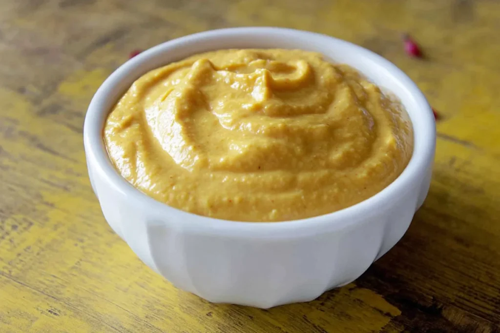 Finished homemade mustard recipe in a white bowl with thick golden swirls