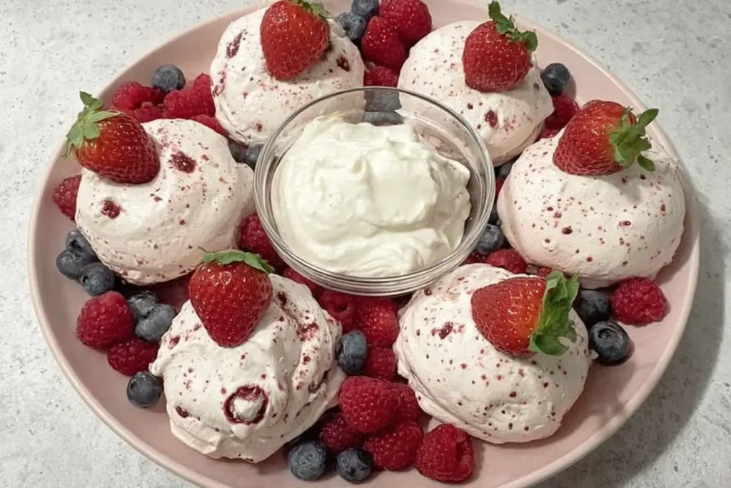 Pavlova Grazing Platter with individual meringue nests cream and fresh berries