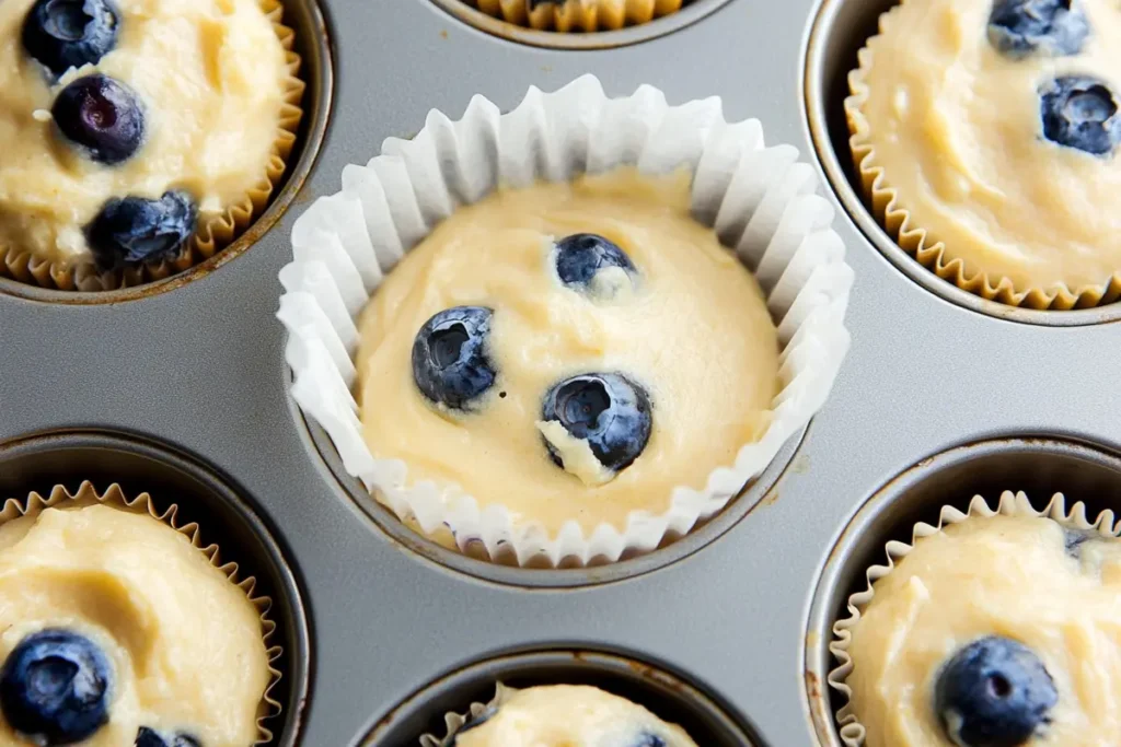 Lemon blueberry cupcakes batter portioned into lined muffin tin before baking
