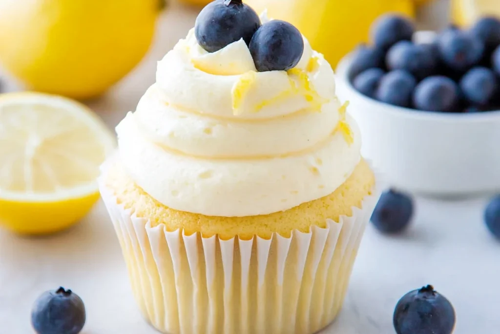Lemon blueberry cupcakes with cream cheese frosting and fresh berries on a wooden surface