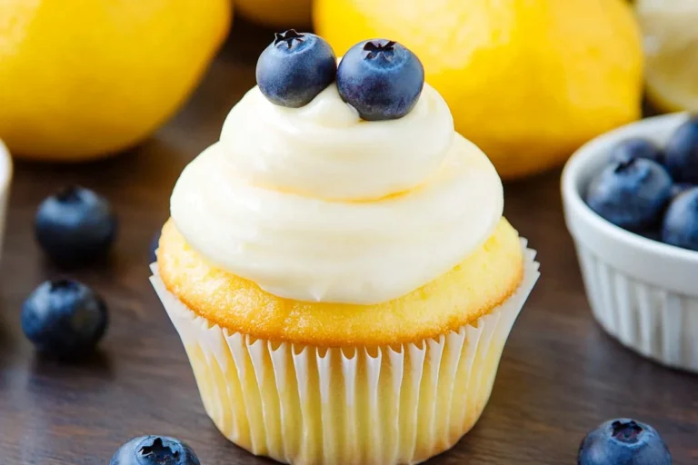 Chef Taha Ayad's Recipe Lemon Blueberry Cupcakes with cream cheese frosting and fresh blueberries