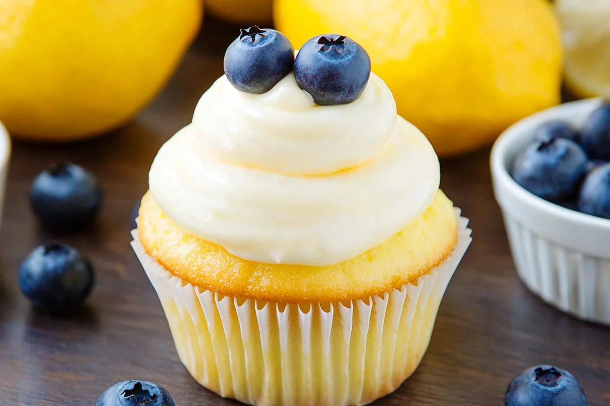 Chef Taha Ayad's Recipe Lemon Blueberry Cupcakes with cream cheese frosting and fresh blueberries