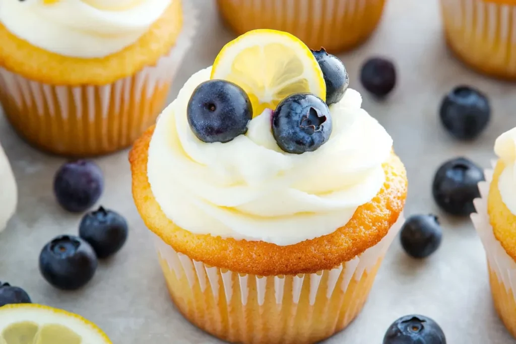 Lemon blueberry cupcakes topped with cream cheese frosting, lemon zest, and fresh blueberries