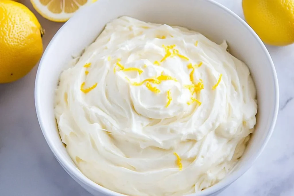 Lemon blueberry cupcakes frosting in a bowl with lemon zest and fresh lemons