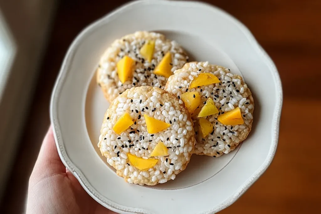 Mango Sticky Rice Cookies with a Soft Coconut Center 35 Mango Sticky Rice Cookies with mango slices and black sesame on a pale ceramic plate