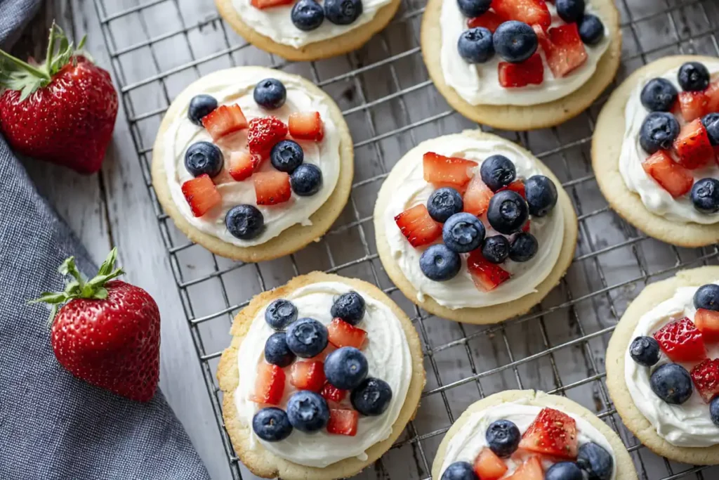 Mini Fruit Pizzas freshly assembled with cream cheese frosting, blueberries, and strawberries after baking and cooling