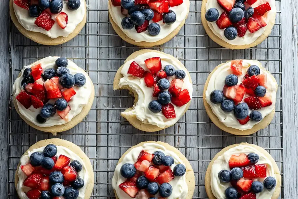 Mini Fruit Pizzas with cream cheese frosting and fresh strawberries and blueberries on a rustic cooling rack