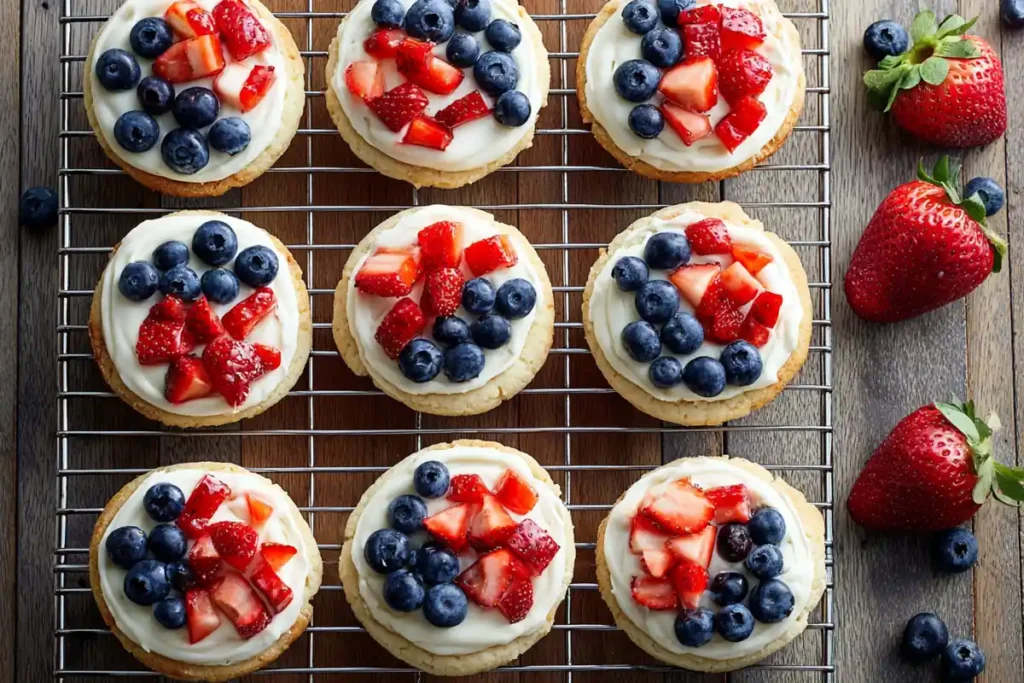 A batch of Mini Fruit Pizzas stored and ready to serve with fresh strawberries and blueberries on frosted sugar cookies