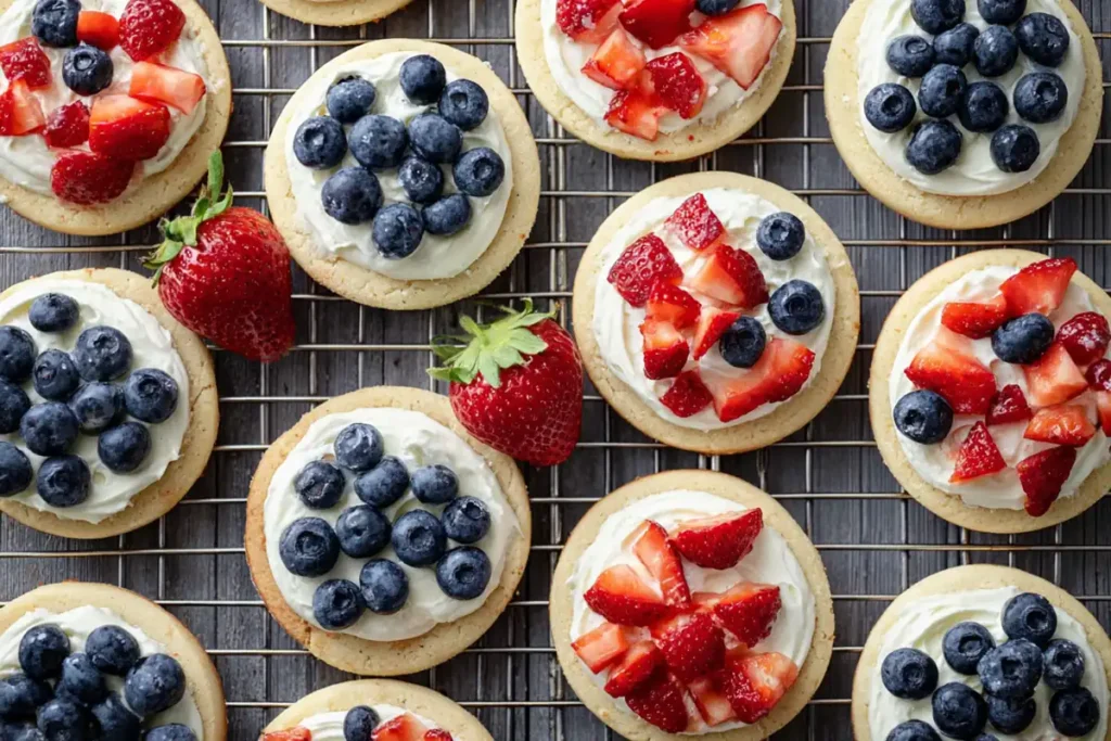 Mini Fruit Pizzas arranged on a cooling rack with strawberries and blueberries for easy party serving