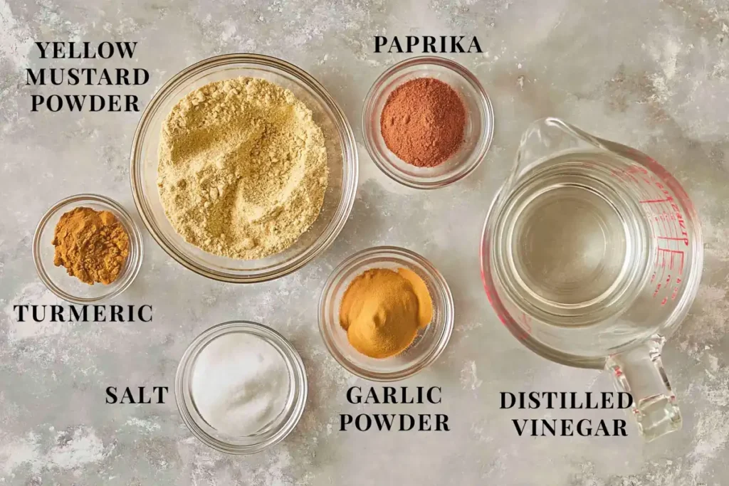 Mustard recipe ingredients with dry mustard powder vinegar turmeric salt paprika and garlic