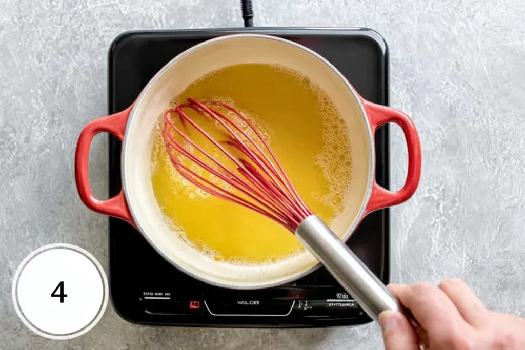 Mustard recipe mixture after white vinegar is added and whisked smooth