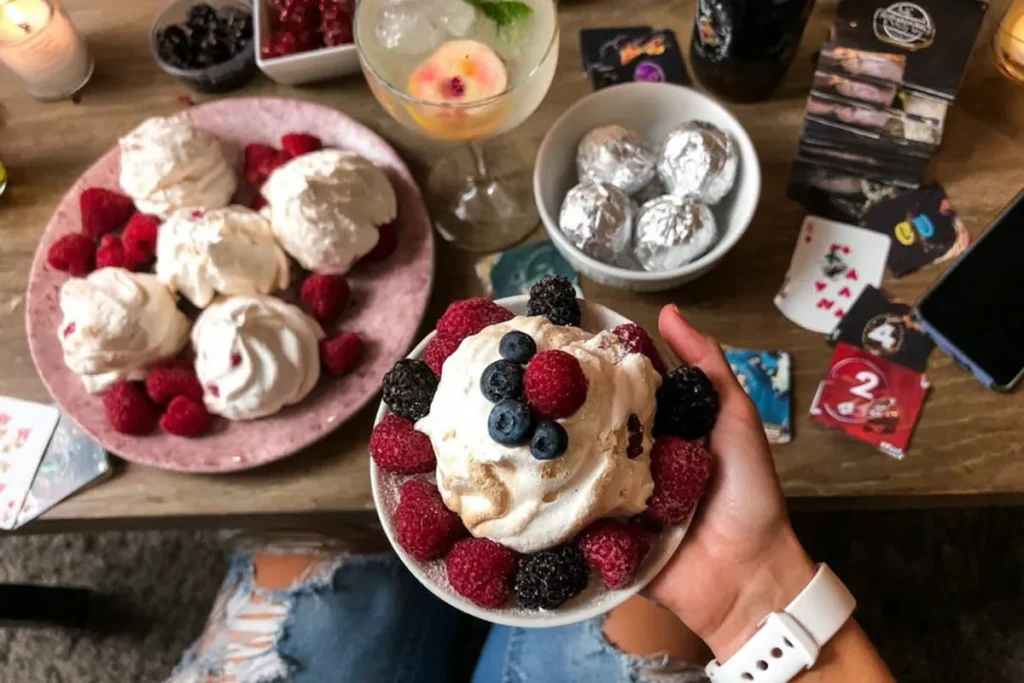 Pavlova Grazing Platter toppings with meringue nests berries cream and chocolate