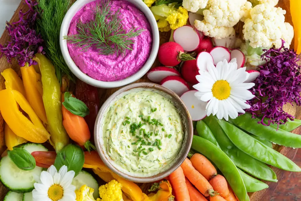 Spring Veggie Board with basil goat cheese spread surrounded by fresh vegetables and herbs