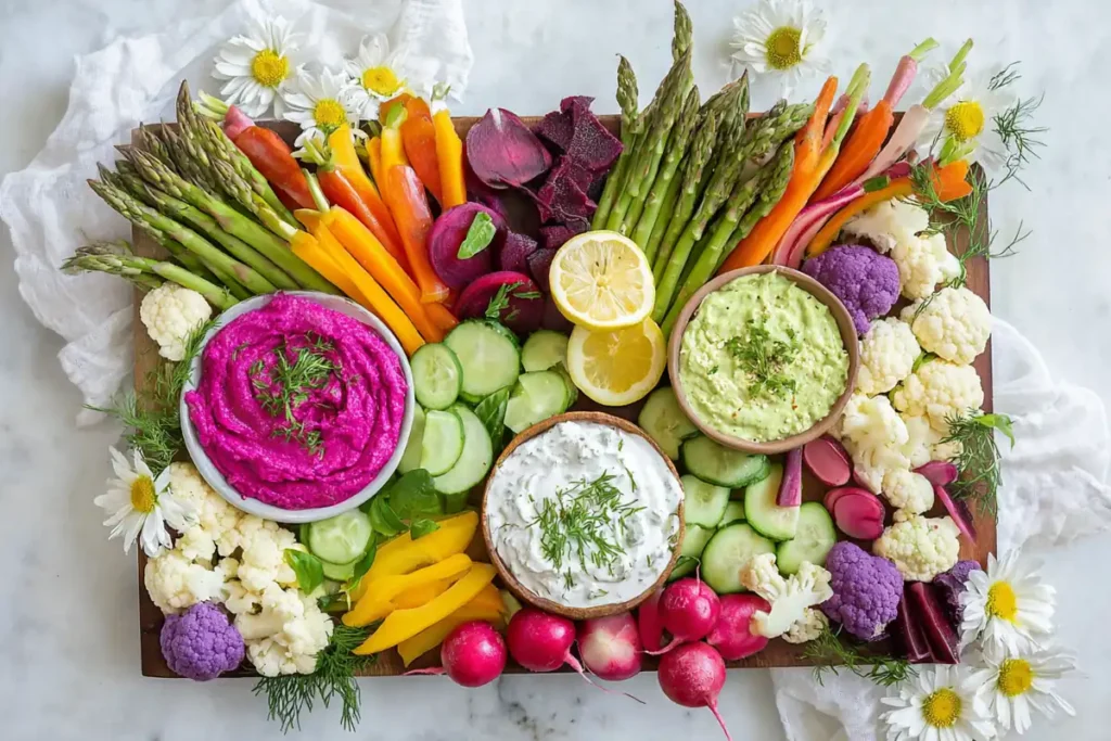 Spring Veggie Board arranged with rainbow carrots, asparagus, radishes, cauliflower, herbs, and creamy dips