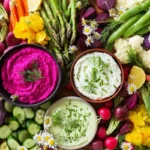 Chef Taha Ayad's Recipe Spring Veggie Board with colorful spring vegetables and three dips
