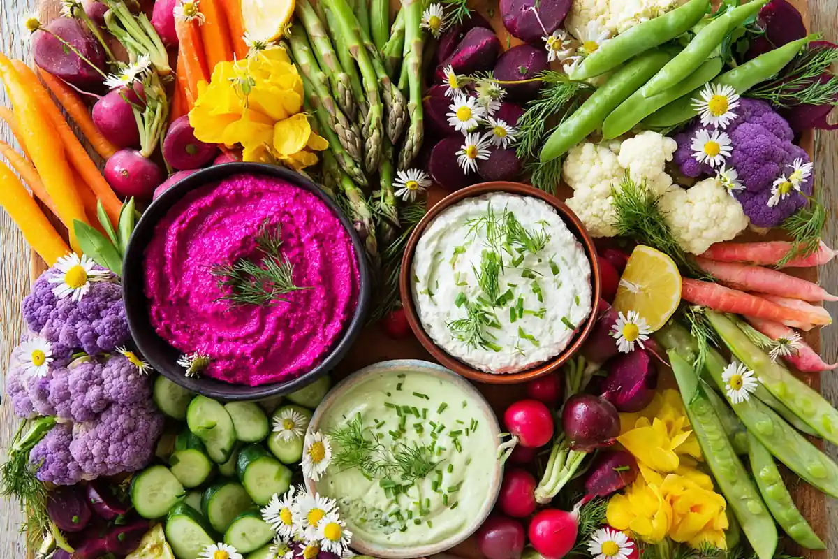 Chef Taha Ayad's Recipe Spring Veggie Board with colorful spring vegetables and three dips