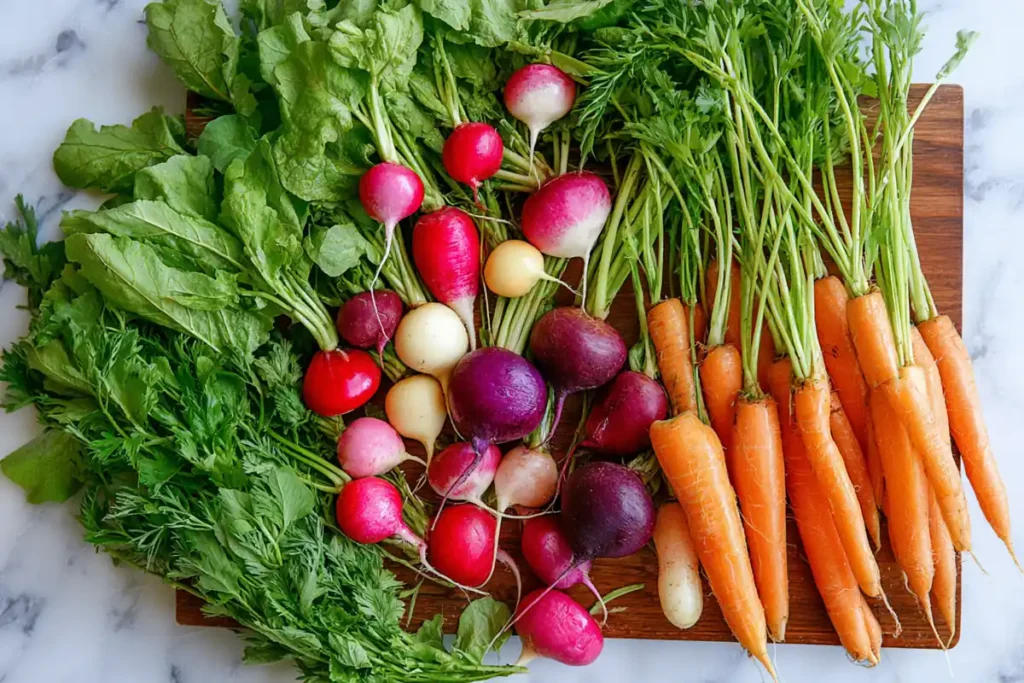 Spring Veggie Board ingredients with carrots, radishes, asparagus, herbs, cucumbers, and snap peas ready for assembly