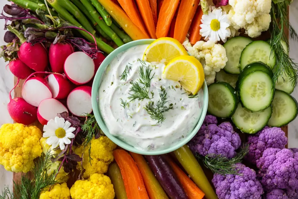 Spring Veggie Board with lemon herb yogurt dip, cauliflower, carrots, radishes, snap peas, and fresh herbs