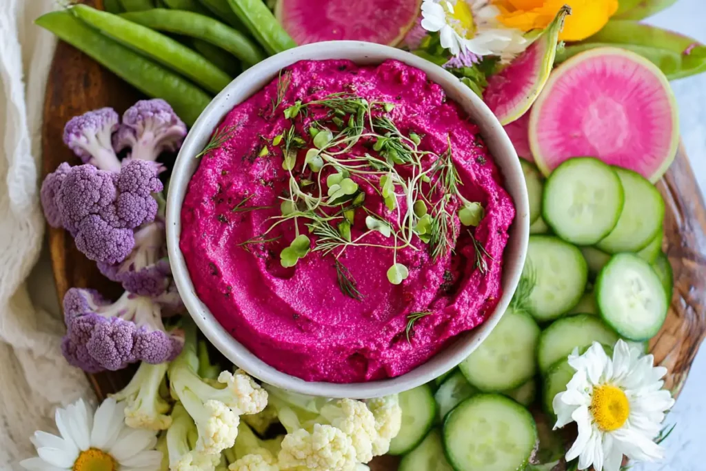 Spring Veggie Board with roasted beet hummus surrounded by cucumbers, radishes, cauliflower, and herbs
