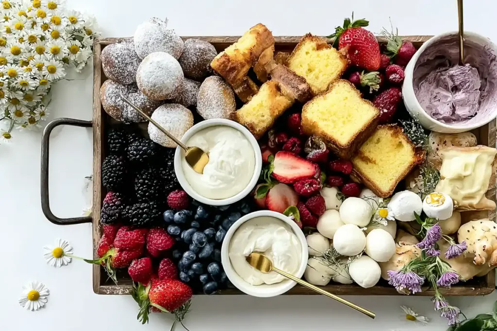 Summer Dessert Board assembly with spaced cakes, berries, creamy dip, and chamomile flowers