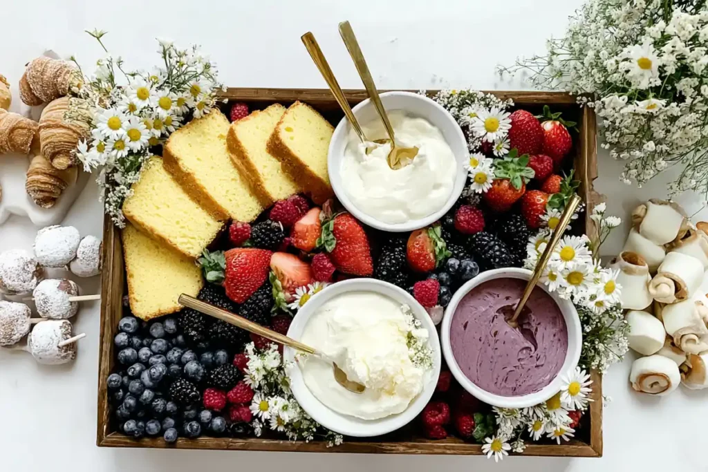 Balanced Summer Dessert Board with berries, cakes, creamy dips, pretzels, and chamomile garnish
