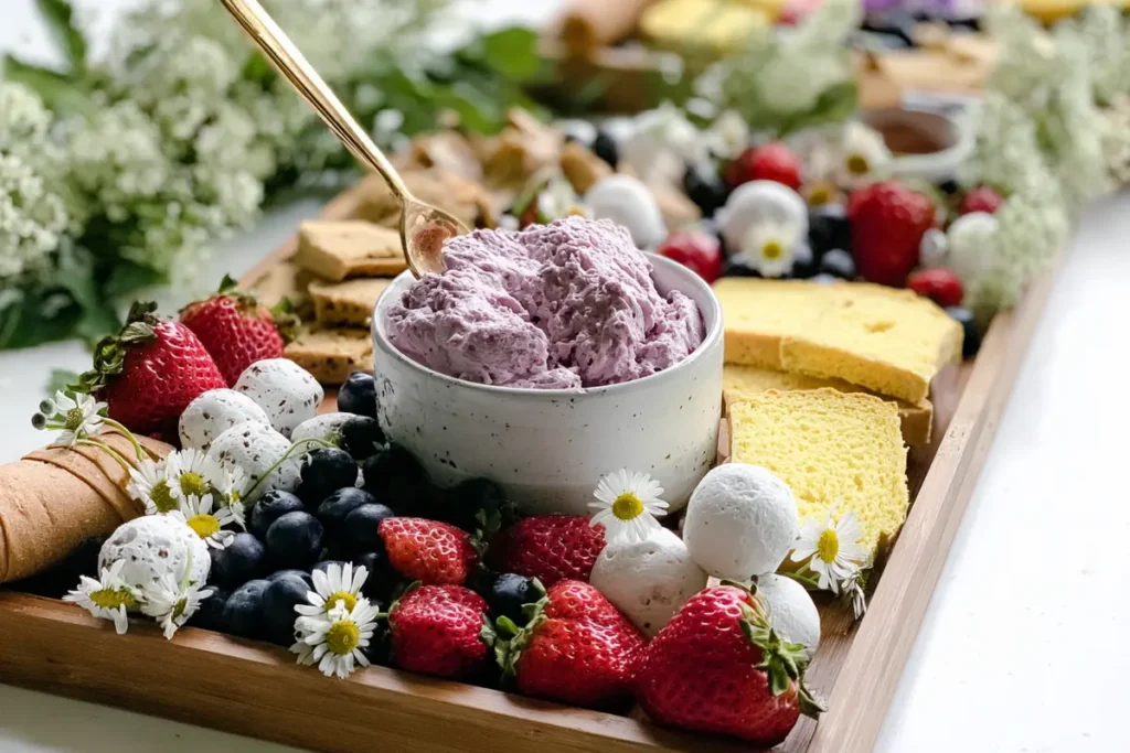 Summer Dessert Board with berry cream cheese dip, fruit, pastries, and chamomile flowers