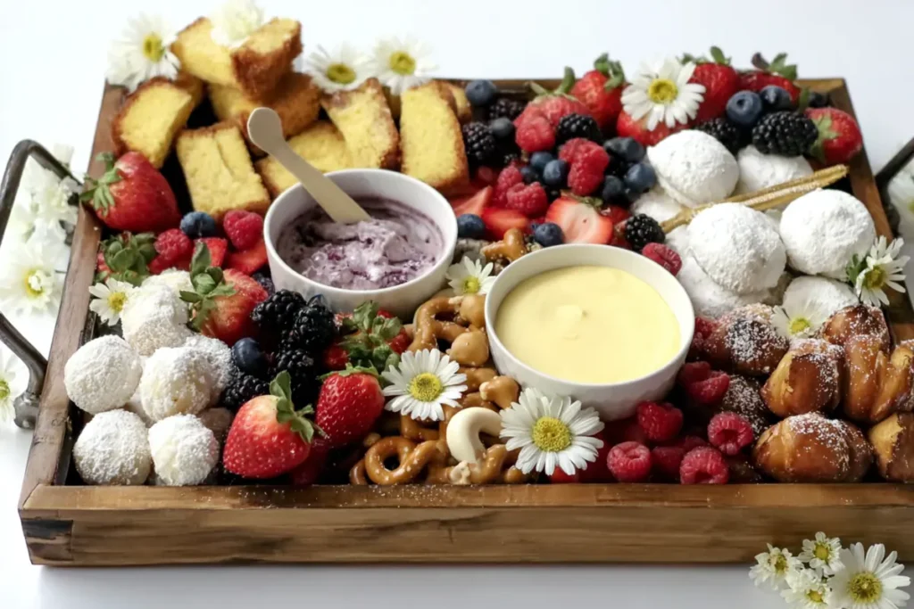 Summer Dessert Board with cream cheese and crème fraîche bowls spaced across the tray