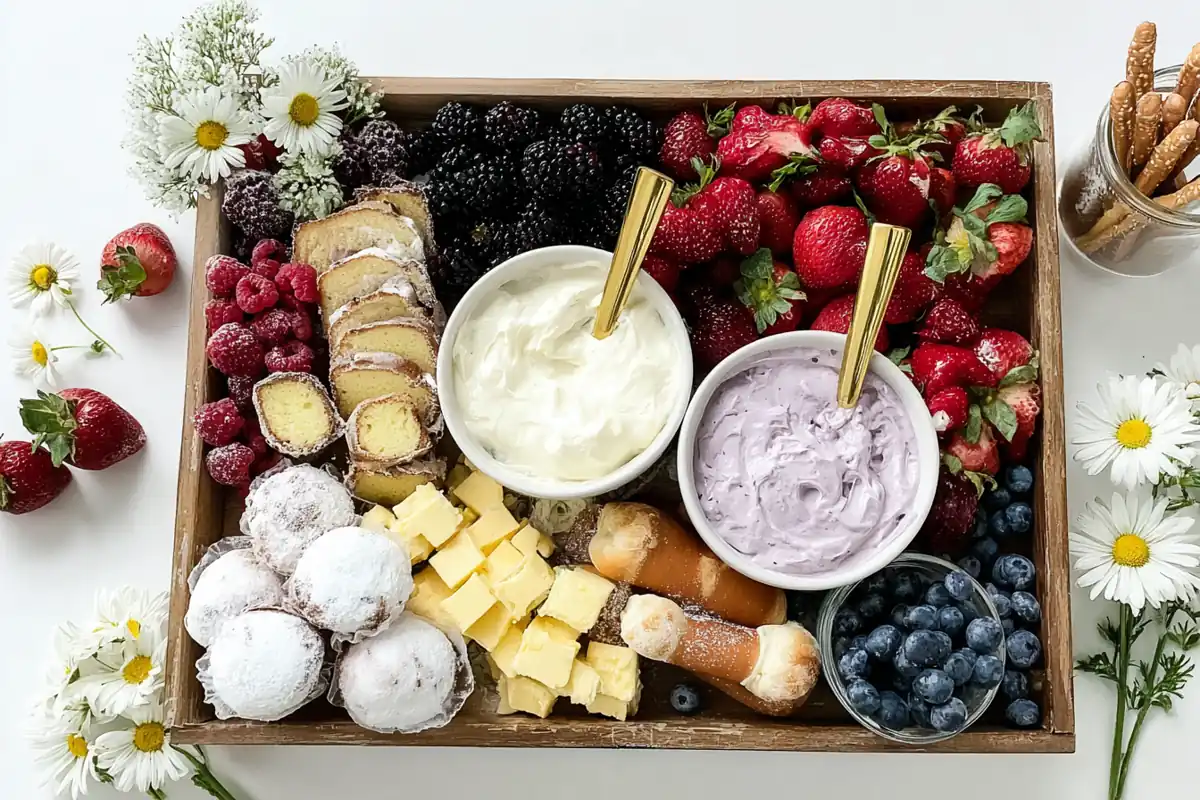 Chef Taha Ayad's Recipe Summer Dessert Board with berries, cakes, creamy dips, and chamomile flowers