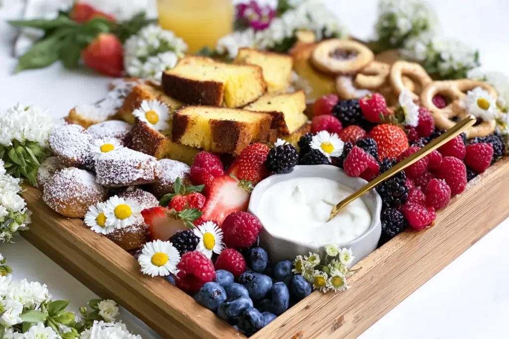 Summer Dessert Board with pound cake, fresh berries, yogurt pretzels, and creamy dip