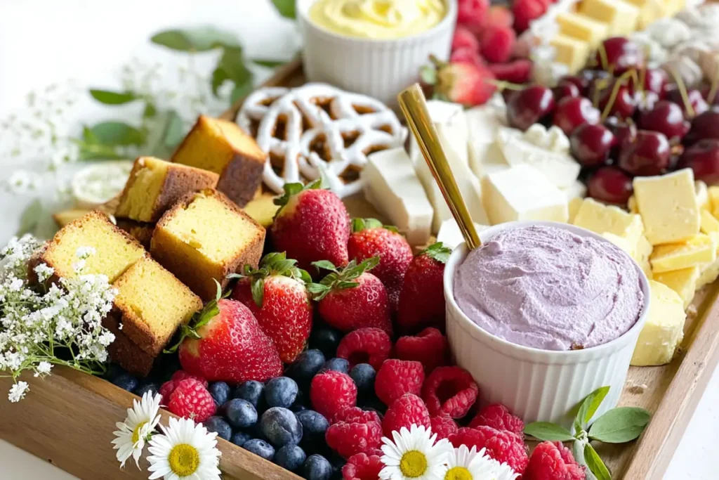 Summer Dessert Board with colorful berries, pound cake slices, yogurt pretzels, and chamomile garnish