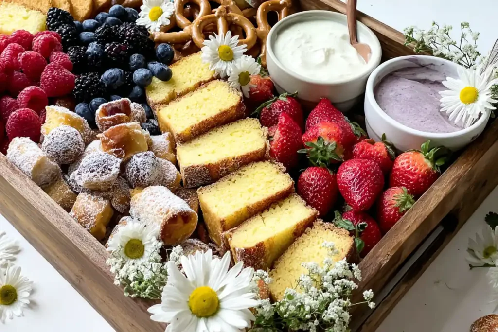 Summer Dessert Board party centerpiece with berries, cakes, dips, pretzels, and chamomile flowers