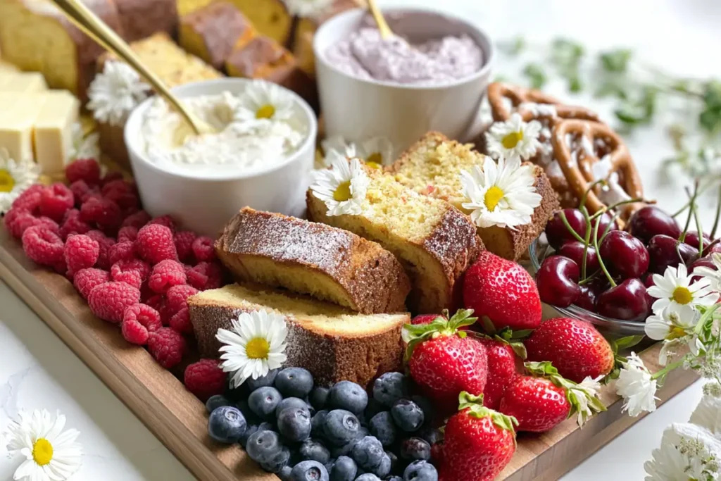 Ready-to-serve Summer Dessert Board with berries, cakes, creamy dips, and edible chamomile flowers