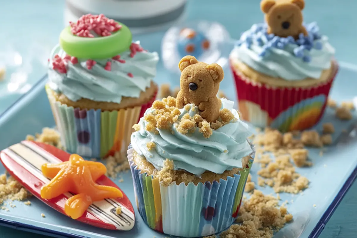 Teddy-at-the-Beach Cupcakes decorated with blue frosting, teddy grahams, gummy rings, fruit snack strips, and graham cracker sand