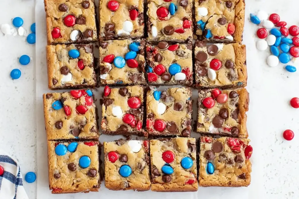 4th of July Cookie Bars That Feed a Crowd Without Fuss 11 4th of July cookie bars cut into clean squares with red white and blue M&M's